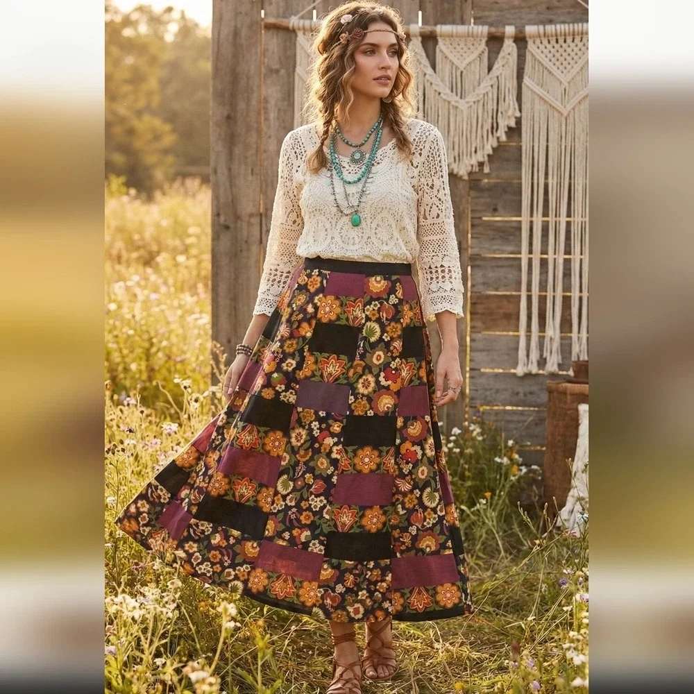 Vintage 70s‎ Velvet Patchwork Wrap Maxi Skirt Bohemian Hippie Florals Festival